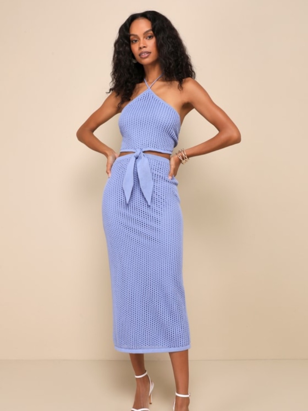 Lulus Sunny Serenity Periwinkle Crochet Cutout Halter Midi Dress Blue - Size M